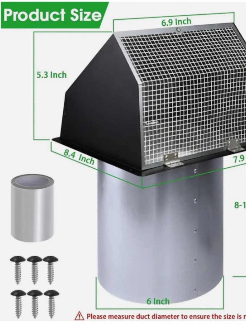 6 Inch Hooded Wall Vent Cap Cover Black Galvanized Steel Exhaust Duct Damper - Picture 2 of 9